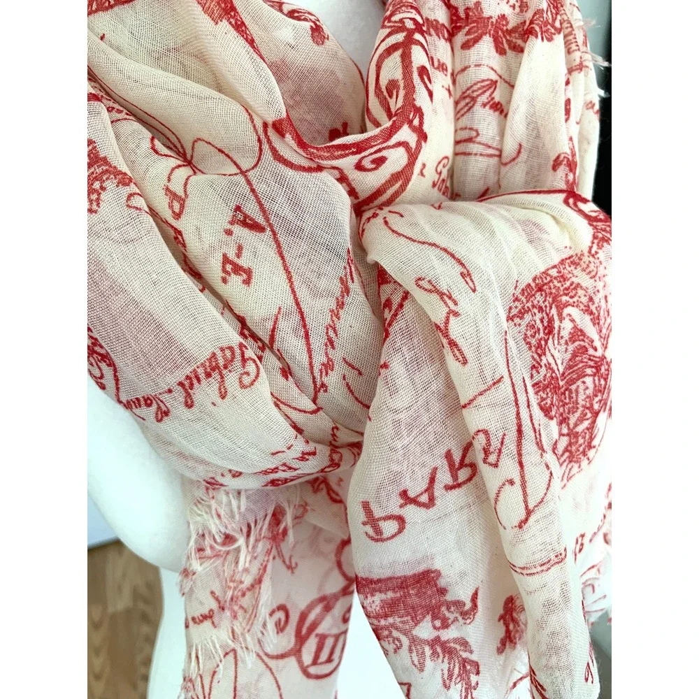 Parisian Sheer Scarf Eiffel Tower Postmarks Crowns Red Ivory 45x68 Travel Wrap